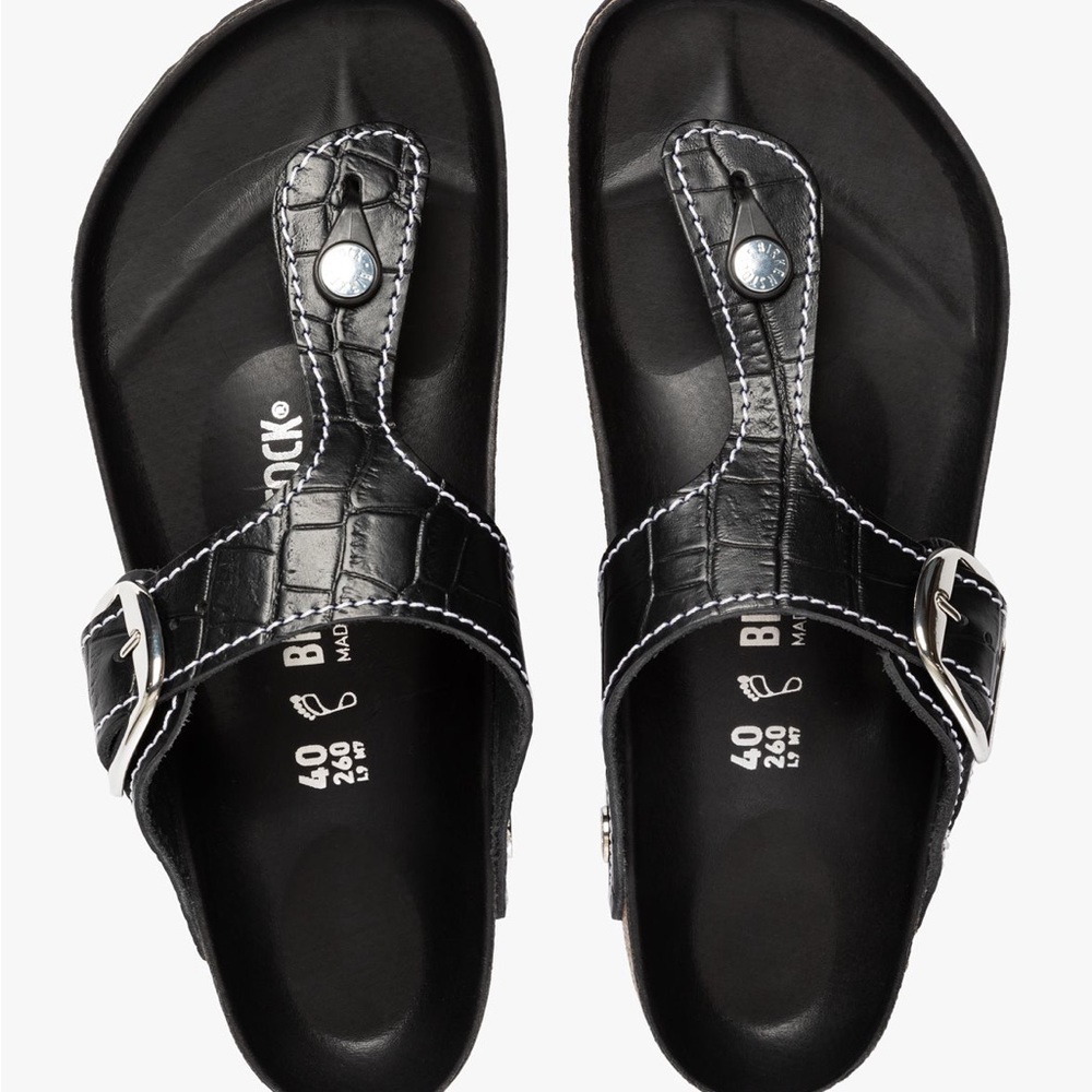 Birkenstock Black Croc-Embossed Thong Sandals with Silver Buckle - Picture 1 of 4